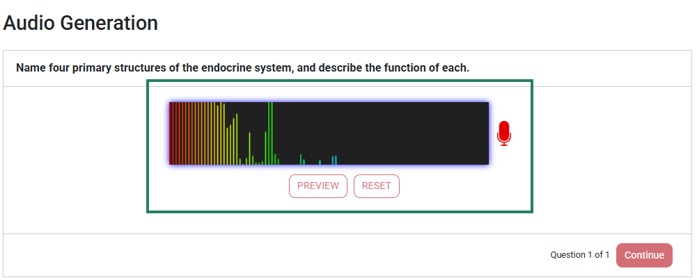 Screenshot of an Audio Generation activity, with the audio recording box highlighted with a bounding box. Multicolored sound waves in the recording box indicate that sound is being recorded.