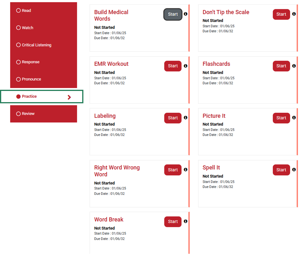 The "Practice" activity section is highlighted in the module dropdown list on the left. On the right, nine different practice activities are shown.