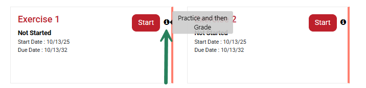 Screenshot of an exercise in Medical Language Lab, with the "i" next to the start button highlighted with an arrow to show the grading rule for this activity.