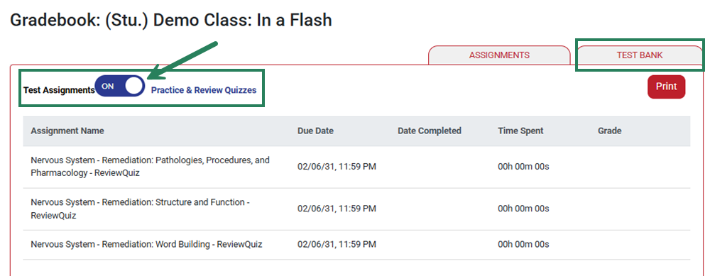 Screenshot of the Gradebook page open to the Test Bank tab. A bounding box highlights the Test Bank tab, and below that a bounding box highlights the toggle button between Test Assignments and Practice & Review Quizzes.