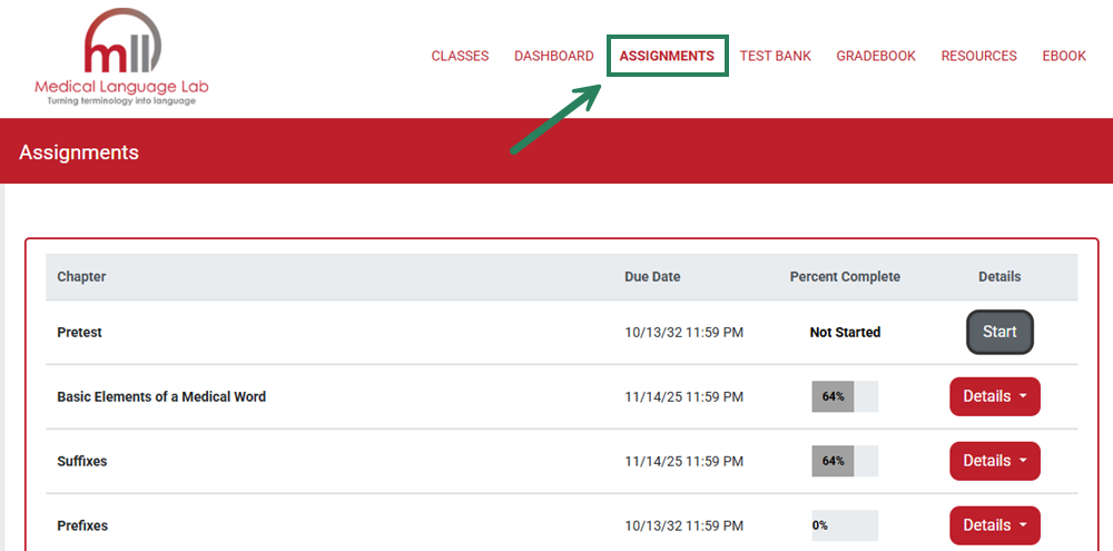In the toolbar at the top of the page, the "Assignments" tab is highlighted with a bounding box and an arrow.
