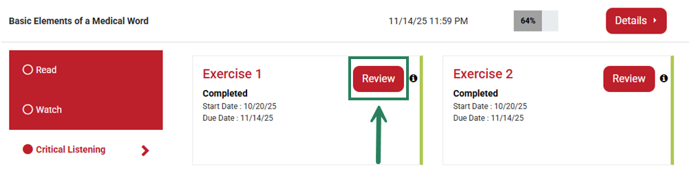 A completed Critical Listening assignment is displayed, with the "Review" button next to the assignment highlighted with a bounding box and an arrow.