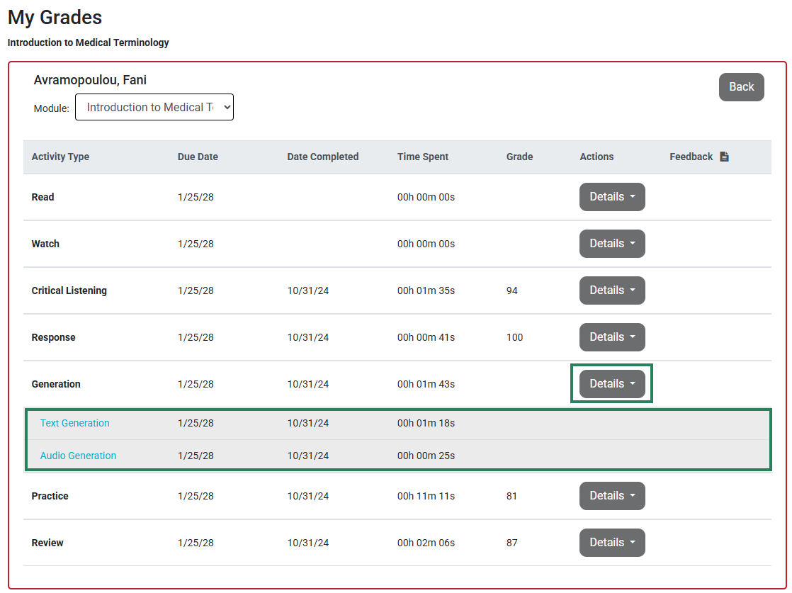 The Gradebook is open to show the activities within a module. The "Details" dropdown button next to the "Generation" section is highlighted with a bounding box, and below that the two completed Generation activities are shown without a grade.