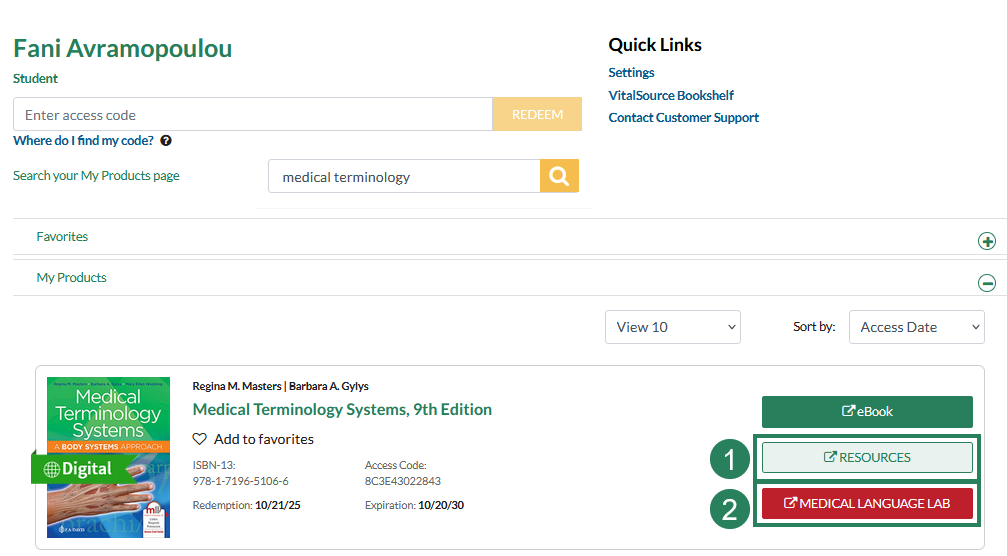 The "my products" page is displayed with bounding box number 1 indicating the "resources" button next to a textbook and bounding box number 2 indicating the Medical Language Lab button.