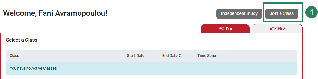 Screenshot of the Medical Language Lab welcome page. The "Join a Class" button is highlighted and labeled number 1.