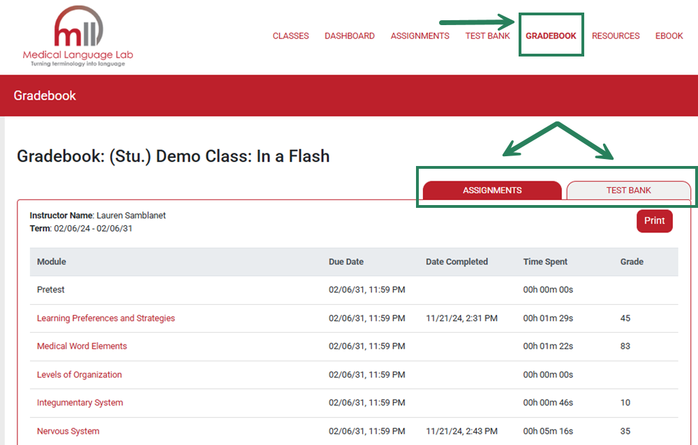 Screenshot of the Gradebook page, with the "Gradebook" button in the top toolbar highlighted. Below, the "Assignments" and "Text Bank" tabs are highlighted in a bounding box.