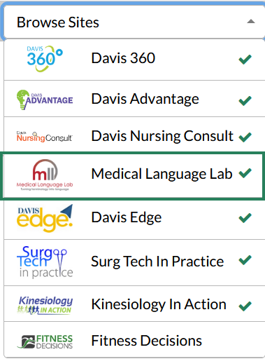 The "browse sites" dropdown on the top right of the FADavis.com home screen is displayed, and the button for Medical Langauge Lab is highlighted with a bounding box.