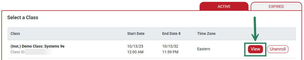 Under "select a class," the "view" button to the right of a student's class is highlighted with a bounding box and an arrow.