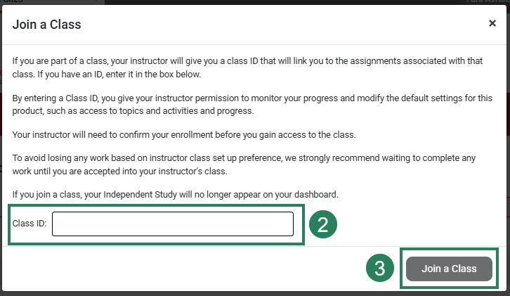 Screenshot of the Join a Class dialog box. The Class ID text entry box is highlighted and labeled number 2, and the "Join a Class" button at the bottom is labeled number 3.