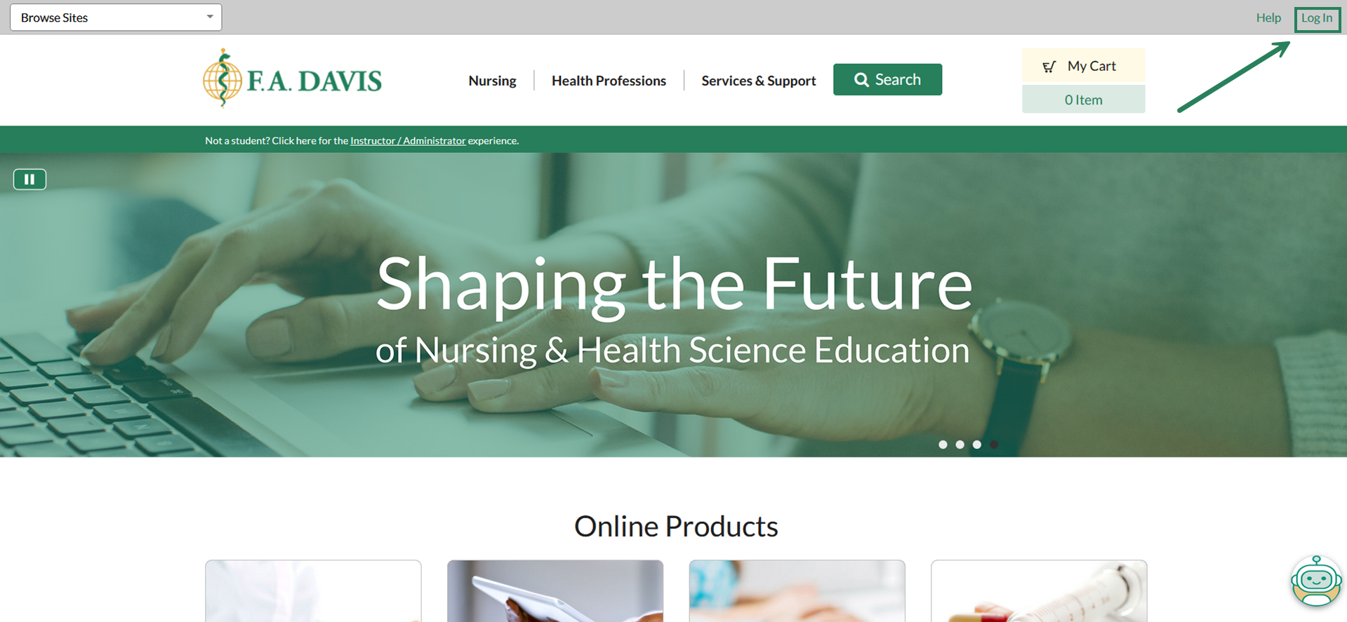 The FADavis.com home screen is open, with an arrow pointing to the "log in" button in the upper right hand corner.