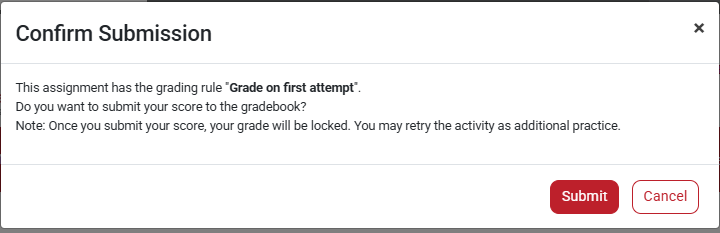 Screenshot of the "Confirm Submission" dialog box for a Grade on First Attempt exercise.