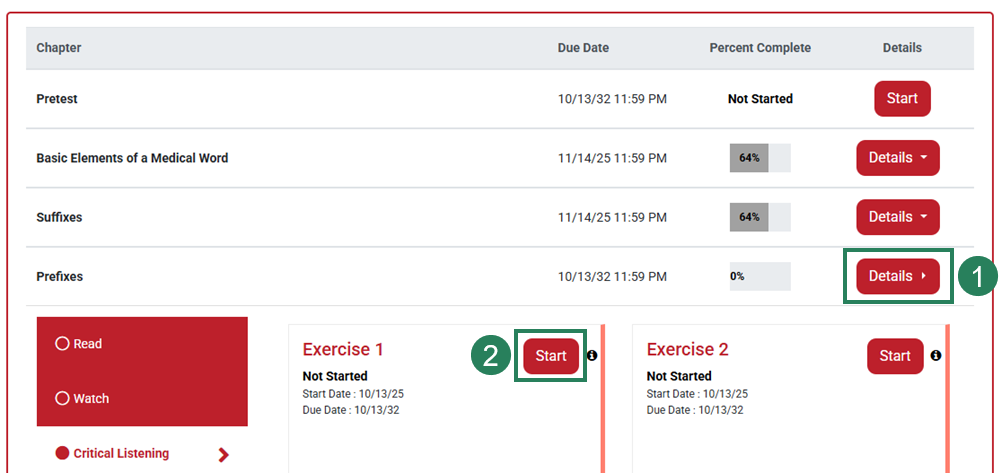 In the list of assignments, the "Details" button to the right of a module is highlighted with the number 1 next to it. Below that, in the open assignment, the "Critical Listening" section is open and the "Start" button next to Exercise 1 is highlighted with the number 2.