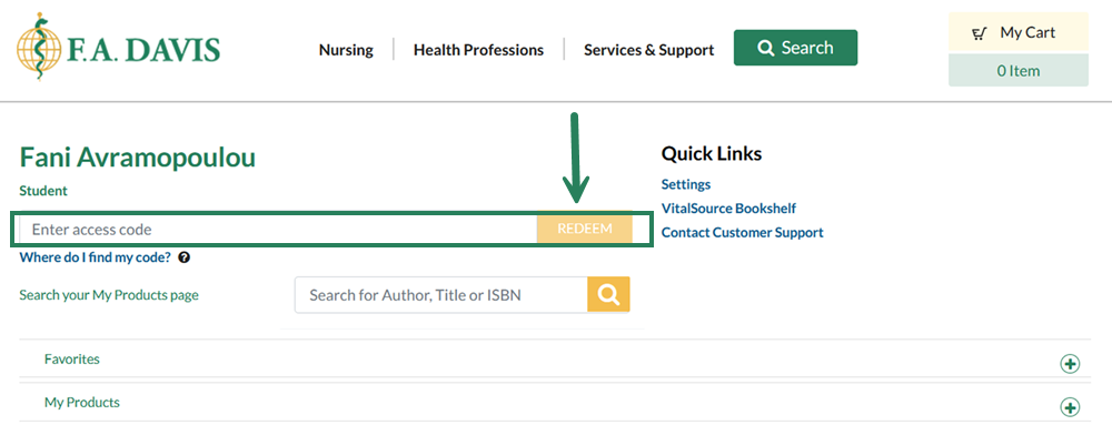 The student account homepage is open, with a bounding box highlighting the "enter access code" text area, and an arrow pointing to the "redeem" button to the right of the text area.
