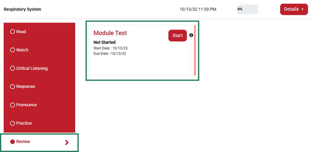 On the left, the "Review" tab under the module dropdown list is selected and highlighted with a bounding box. On the right, the assignment is shown with the status and due date, and is highlighted with a bounding box.