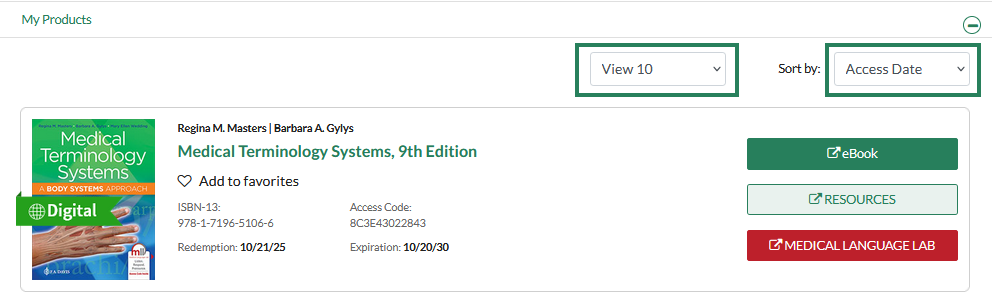 The "my products" page is displayed, with a bounding box highlighting the option to change the display settings dropdown menu, and another bounding box highlighting the "sort by" dropdown.
