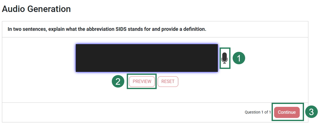 An Audio Generation activity is opened. In includes a question at the top and a microphone button, which is highlghted and labeled number 1. Below that, a button that says "Preview" is labeled number 2, and at the bottom, the "Continue" button is labeled number 3.