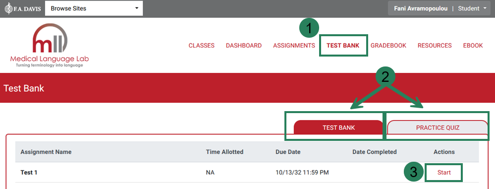 Screenshot of Medical Language Lab open to the Test Bank tab, highlighted with the number 1, with the option to toggle between the Test Assignments and Practice Quizzes highlighted with the number 2.