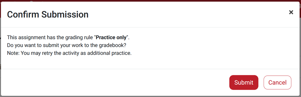 Screenshot of the "Confirm Submission" dialog box for a Practice Only exercise.