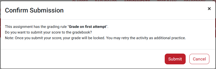 Screenshot of the submission window for a Test Assignment or Quiz.