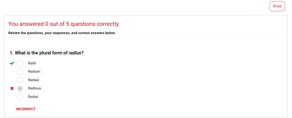 Screenshot of the results page for a Test Assignment or Quiz.