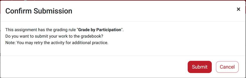 Screenshot of the "Confirm Submission" dialog box for a Grade by Participation exercise.