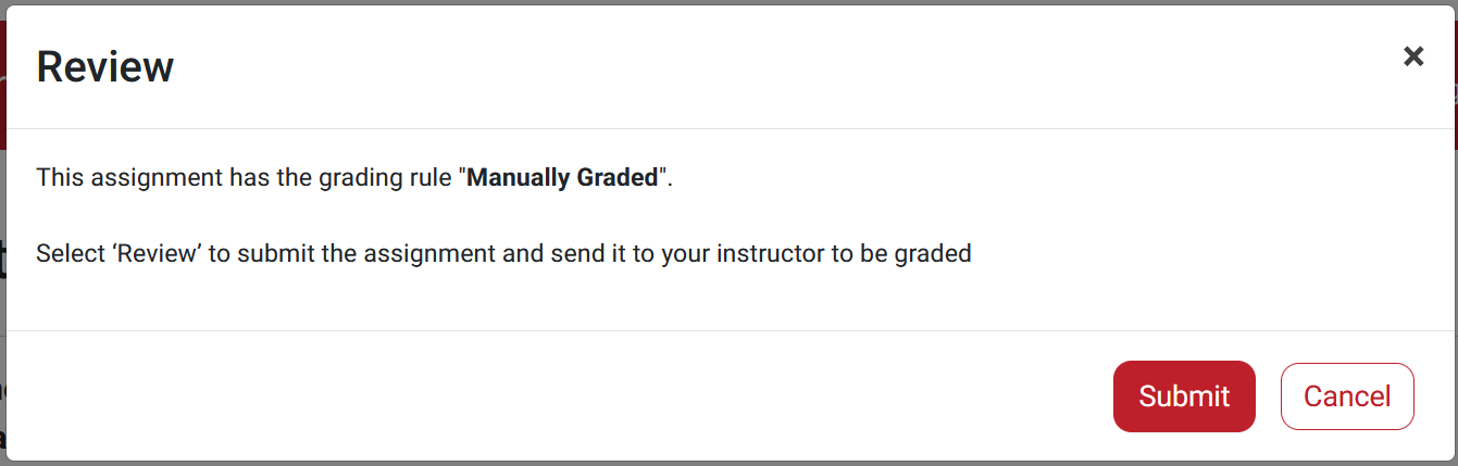 Screenshot of the "Review" dialog box for a Manually Graded exercise.