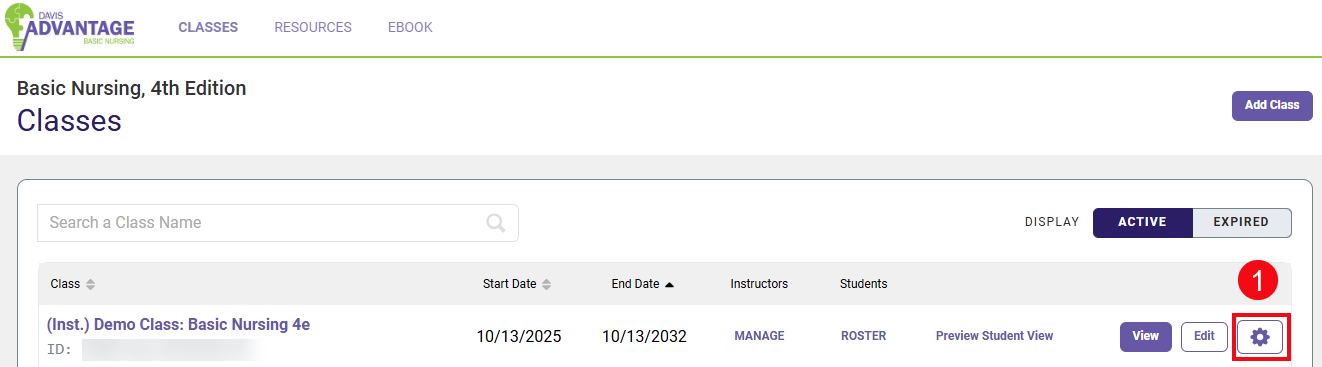 Screenshot of Davis Advantage instructor Classes page with a red box and number highlighting the wheel icon (1).