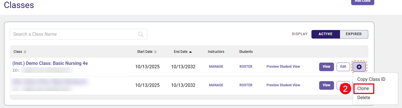 Screenshot of Davis Advantage instructor Classes page with a red box and number highlighting the Clone option (2).