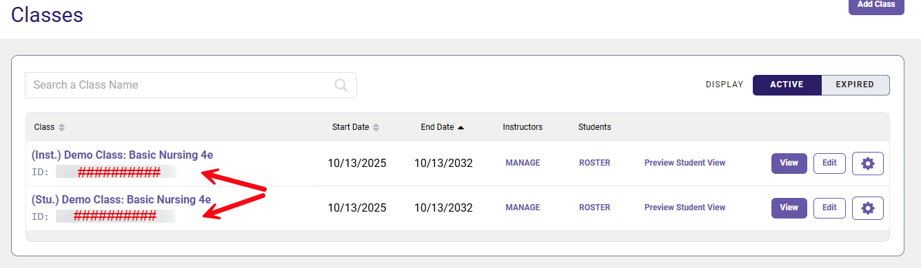 A screenshot of the Classes page with red arrows highlighting the Class ID field.