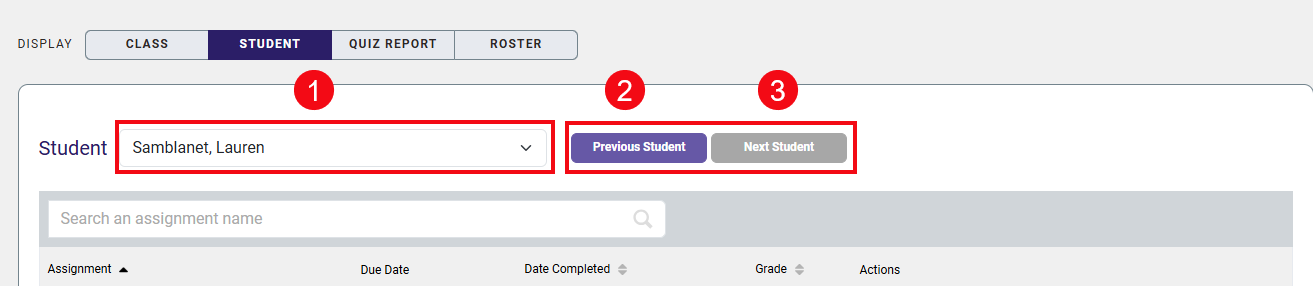 A screenshot of the Student Display with red boxes and numbers highlighting the Student dropdown (1), the Previous Student button (2), and the Next Student button (3).