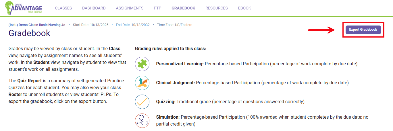 A screenshot of the Gradebook with a red box and arrow highlighting the Export Gradebook button.