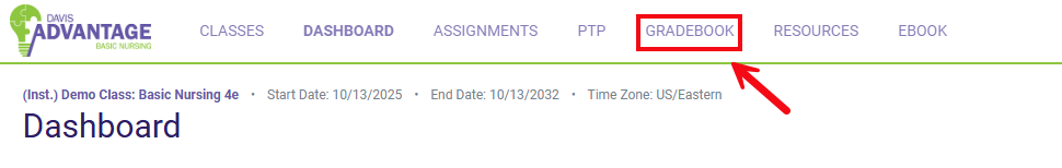 A screenshot of the Dashboard with a red box and arrow highlighting the Gradebook option in the header.