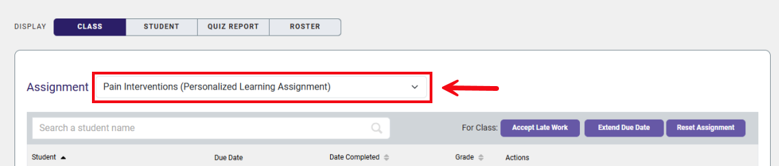 A screenshot of the Class Display with a red box and arrow highlighting the Assignments dropdown.