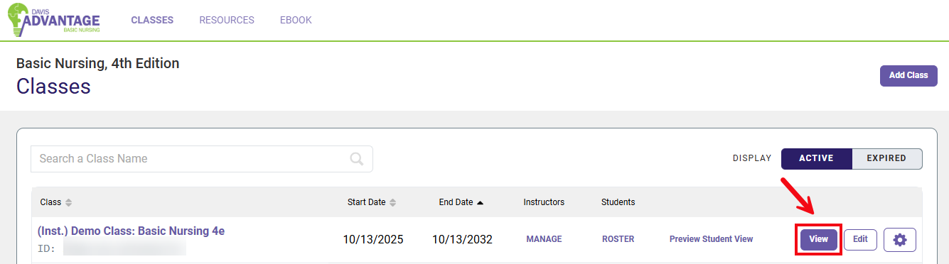 A screenshot of the Classes page with a red box and arrow highlighting the View button.