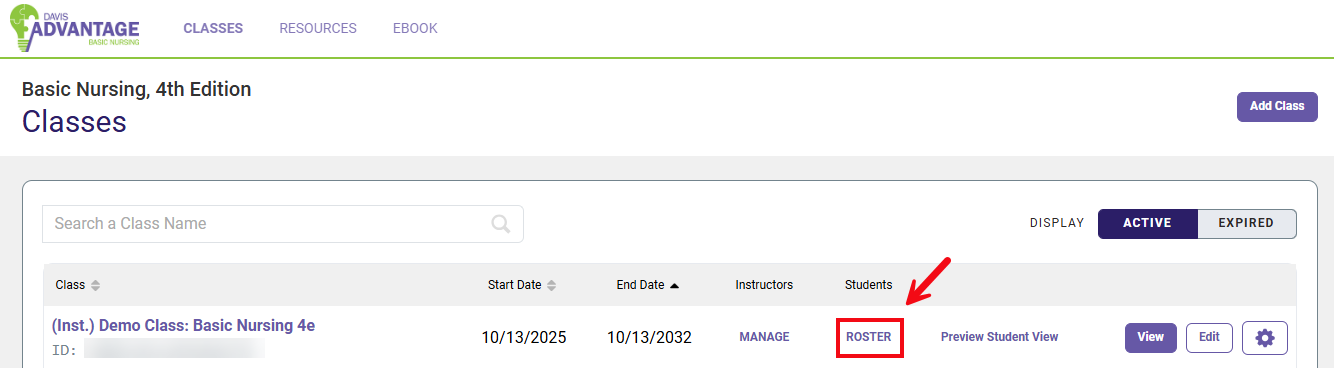 A screenshot of the Classes page with a red box and arrow highlighting the Roster option.