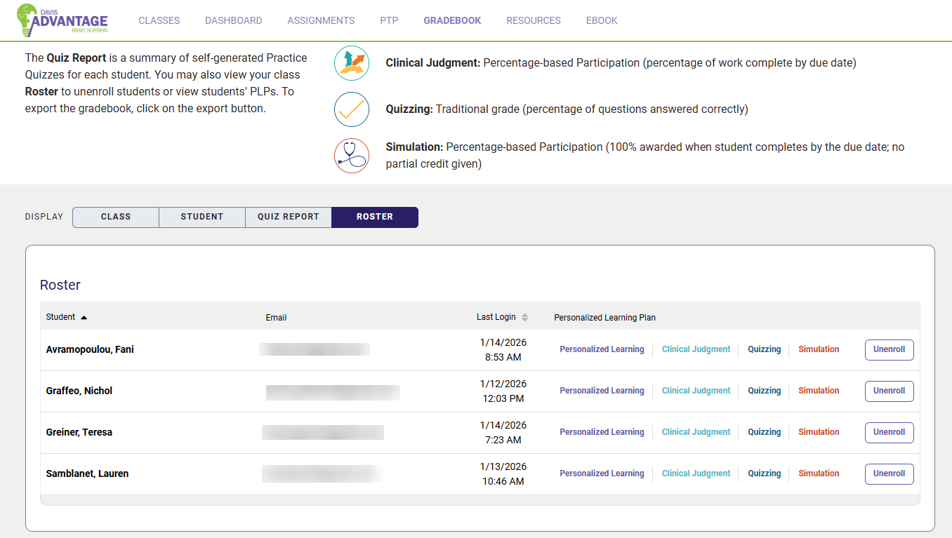 A screenshot of the Student Roster page.