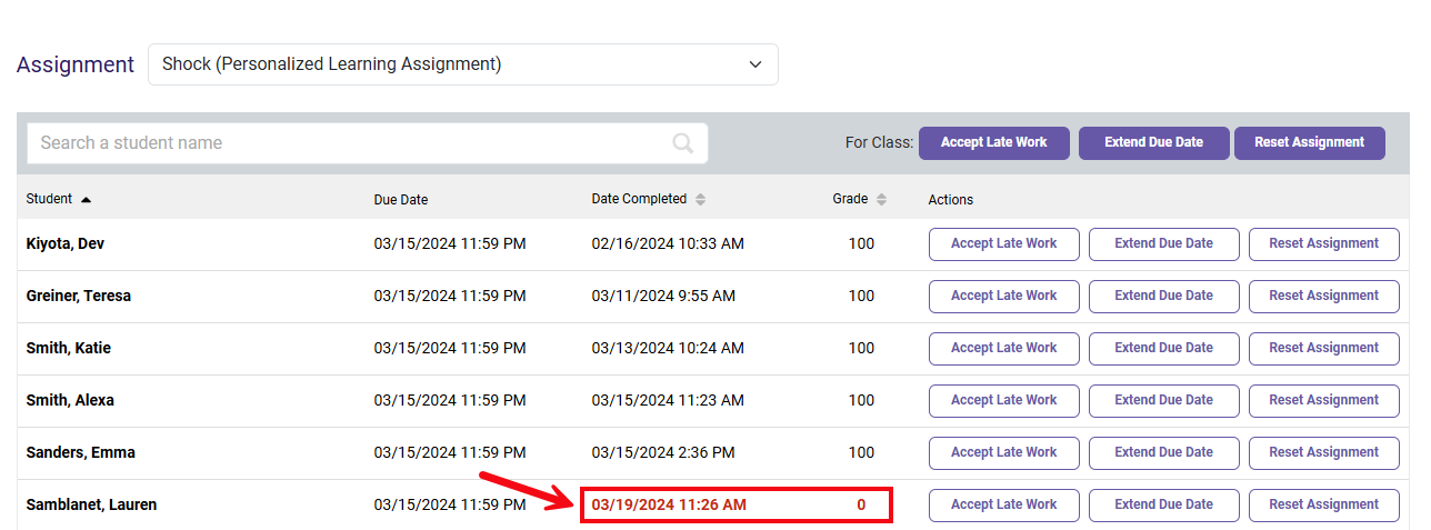 A screenshot of the Gradebook with a red box and arrow highlighting a student's late work which shows up in red.