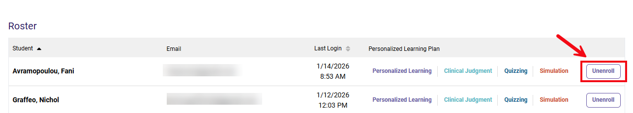 A screenshot of the Roster with a red box and arrow highlighting the Unenroll button.
