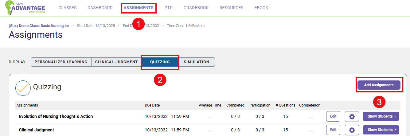 A screenshot of the Assignments page with red boxes and numbers highlighting the Assignments option in the header (1), the Quizzing display option (2), and the Add Assignments button (3).