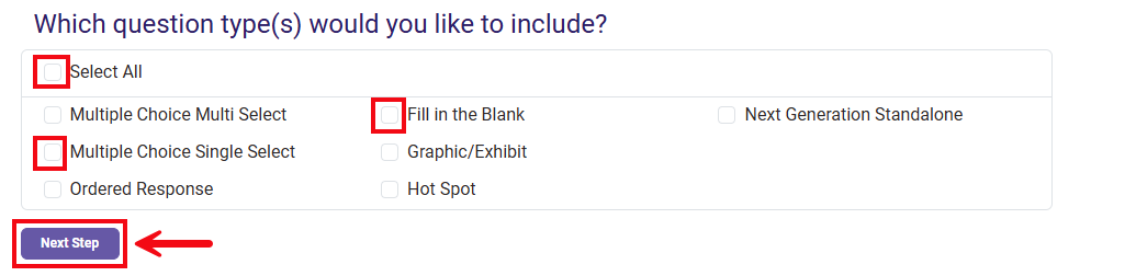 A screenshot of the Quizzing Parameters page with red boxes and arrows highlighting the Select All option, the checkboxes to select individual question types, and the Next Step button.
