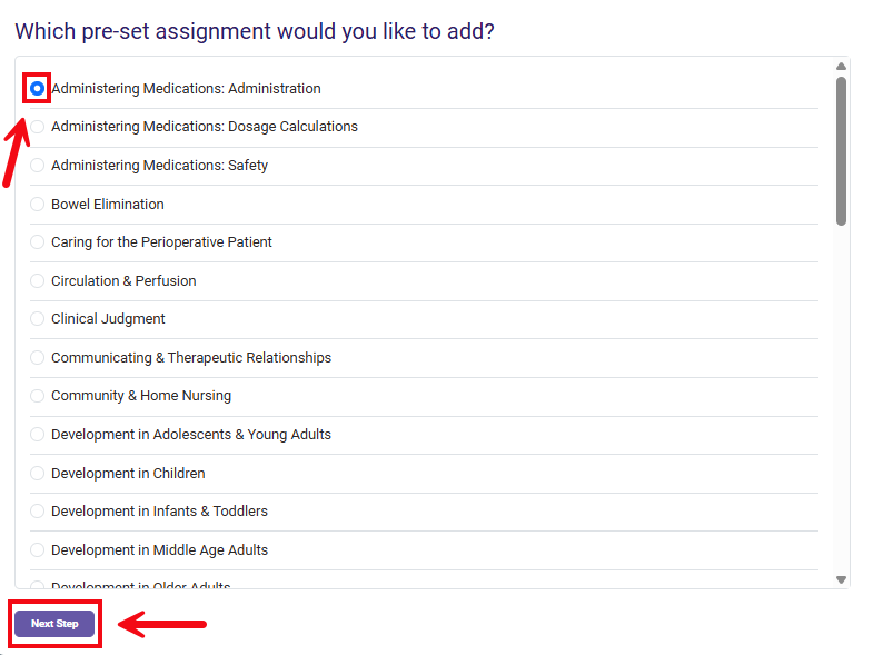 A screenshot of the Parameters page with red boxes and arrows highlighting the checkbox to select a topic and the Next Step button.
