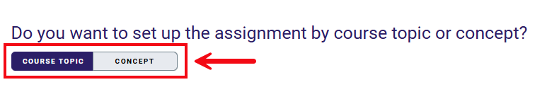 A screenshot of the Quiz Parameter page with a red box and arrow highlighting the option to organize by Course Topic or Concept.