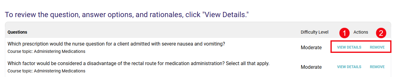 A screenshot of the Review Assignment page with a red box and red numbers highlighting these options: View Details (1) and Remove (2).