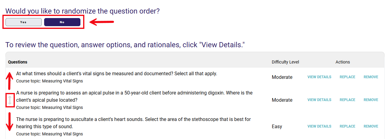 A screenshot of the Review Assignment page with red boxes and arrows highlighting the options to randomize the question order or to manually order the questions.