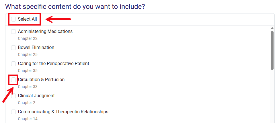 A screenshot of the Quiz Parameters page with red boxes and numbers highlighting checkboxes to Select All or to select individual topics.