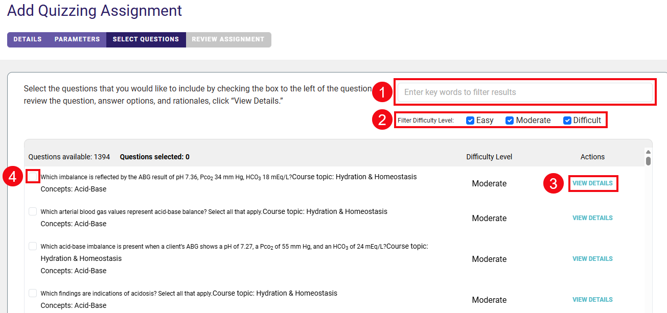 A screenshot of the Select Questions page with red boxes and numbers highlighting the search box (1), the filter for difficulty level (2), the view details option (3), and the checkbox to select a question (4).