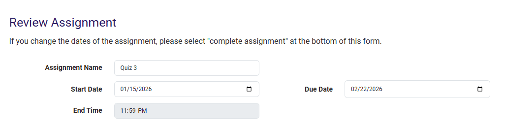 A screenshot of the Review Assignment page.