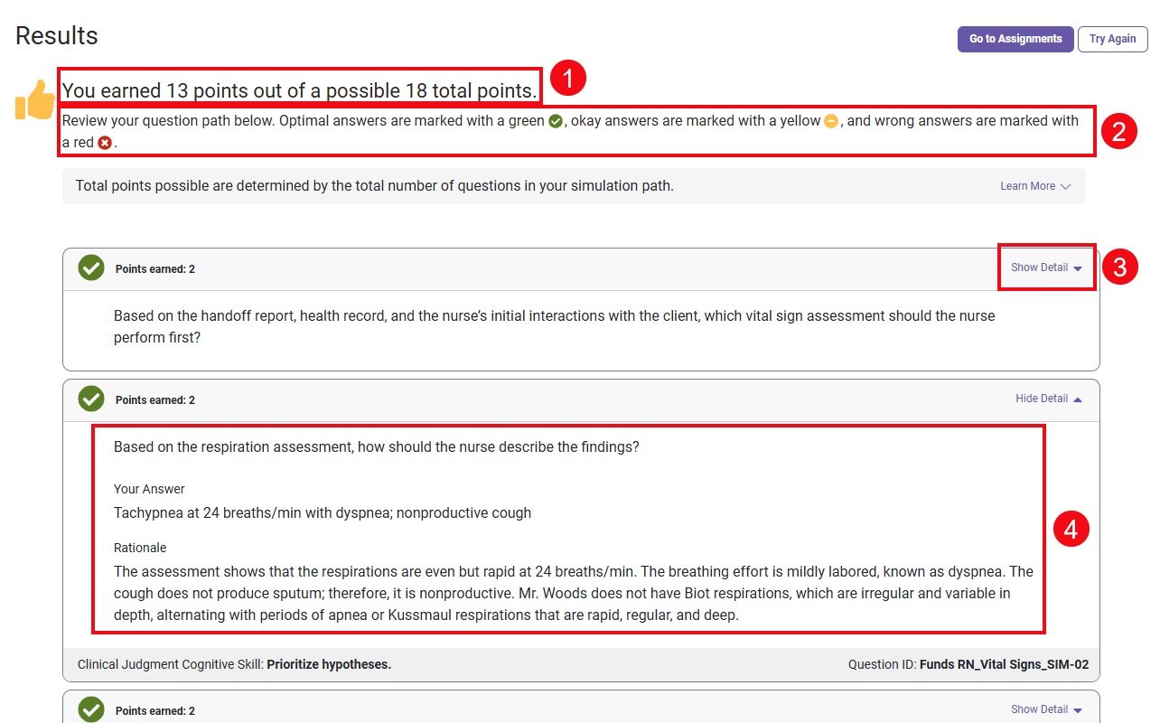 A screenshot of the Results page for a Simulation assignment with red boxes and numbers showing the number of points earned out of the total (1), the grading metrics for each answer type (2), the Show Detail option (3) and the question feedback for a question (4).