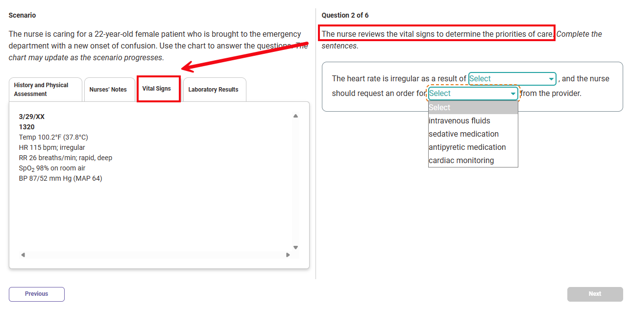A screenshot of a Clinical Judgement Assignment with a cloze question showing. Red boxes and arrows highlight the Vital Signs tab and the part of the question that implies the answer is in the Vital Signs tab.
