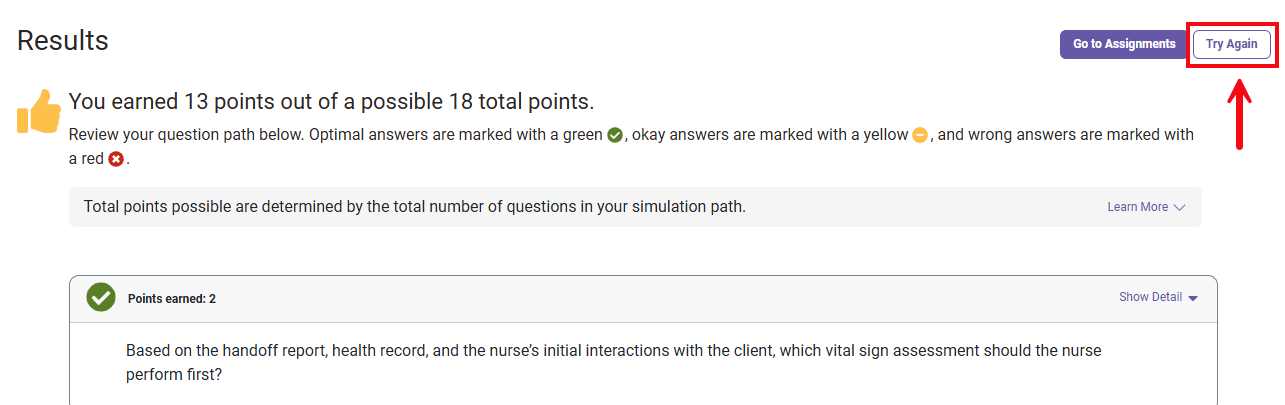 A screenshot of the Results page for a Simulation assignment with a red box and arrow highlighting the Try Again button.